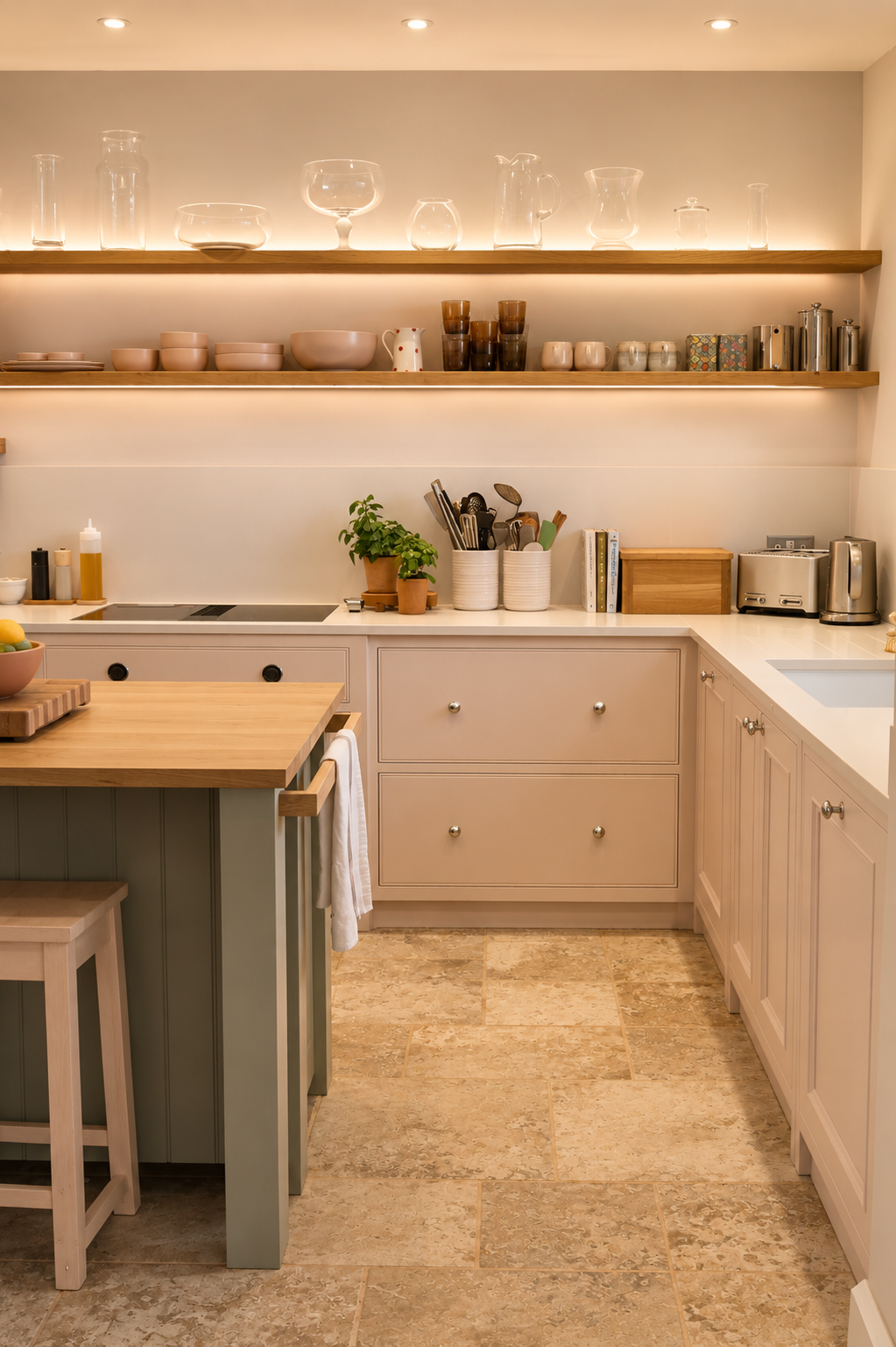 Bespoke pale green handcrafted kitchen with a marble-topped island & a window over the sink