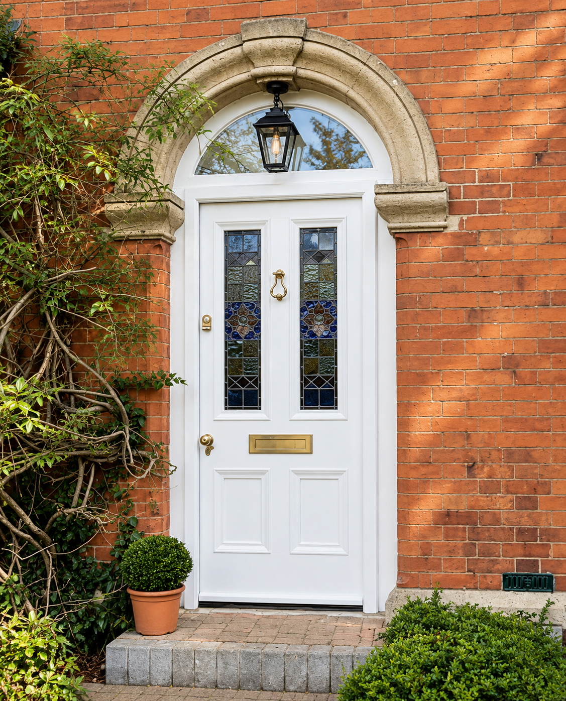 Bespoke painted entrance door with stained-glass side panels beneath an arched stone surround